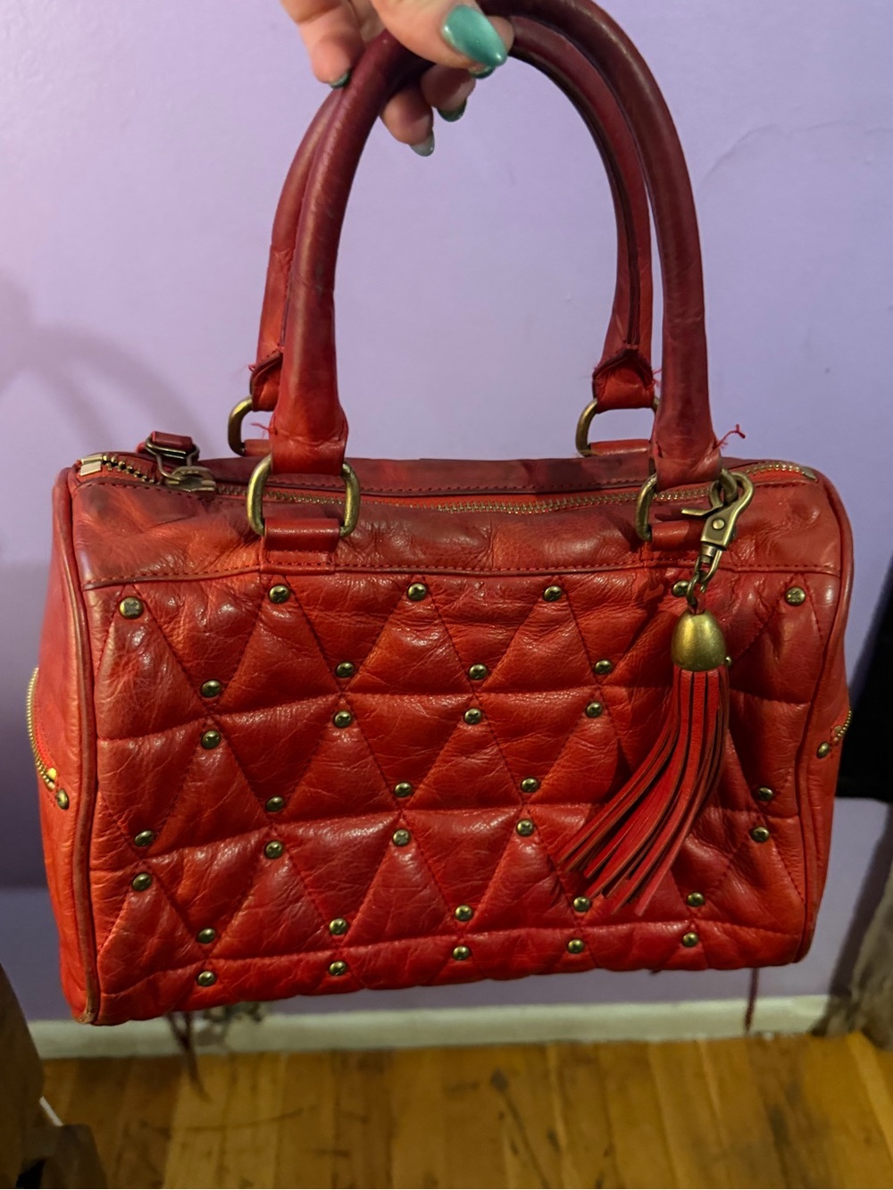 Rebecca Minkoff Red Quilted Studded Satchel Handbag